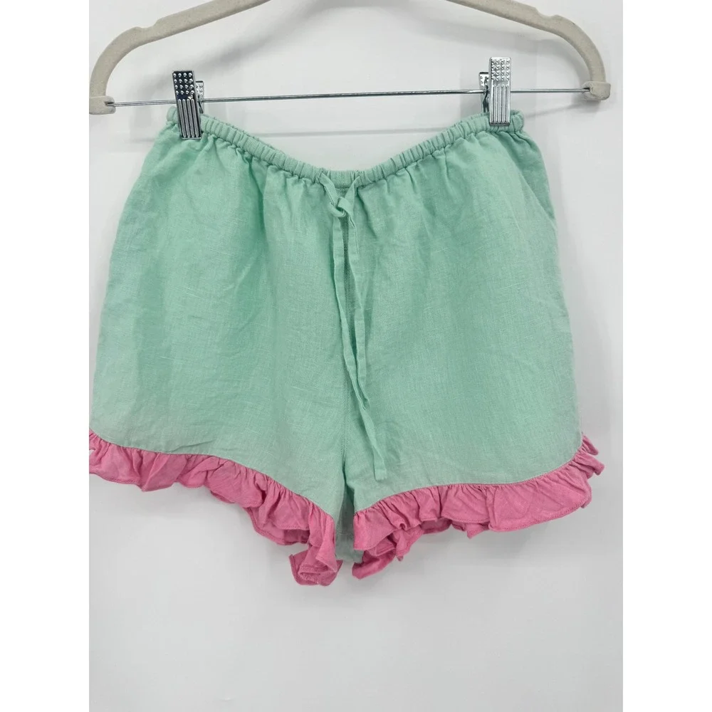 Dora Larsen Ruffle Shorts Women US 4 Mint Green Pink Linen Loungewear